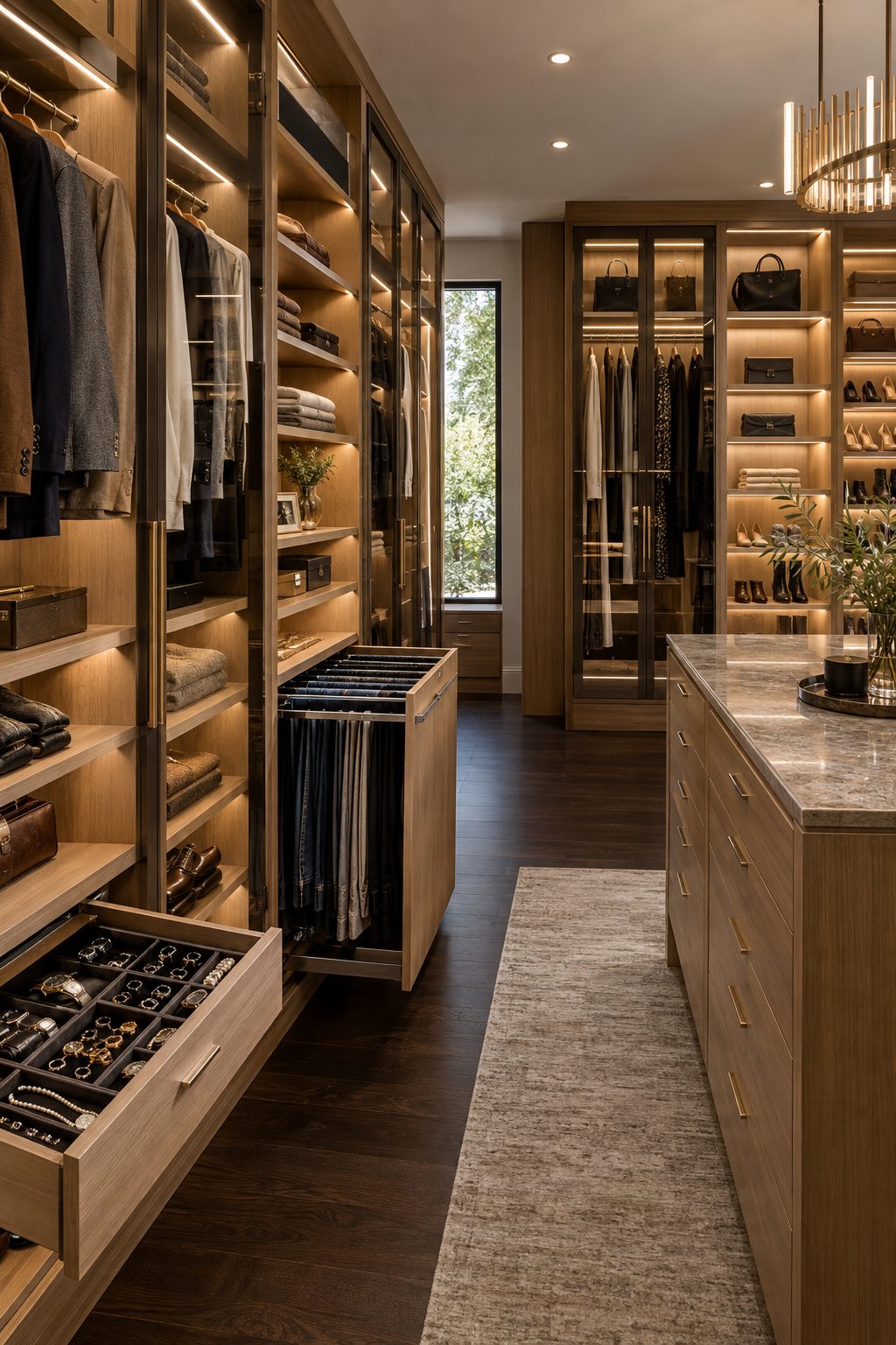 Lit walk-in custom closet with wood-grain shelving and hanging sections