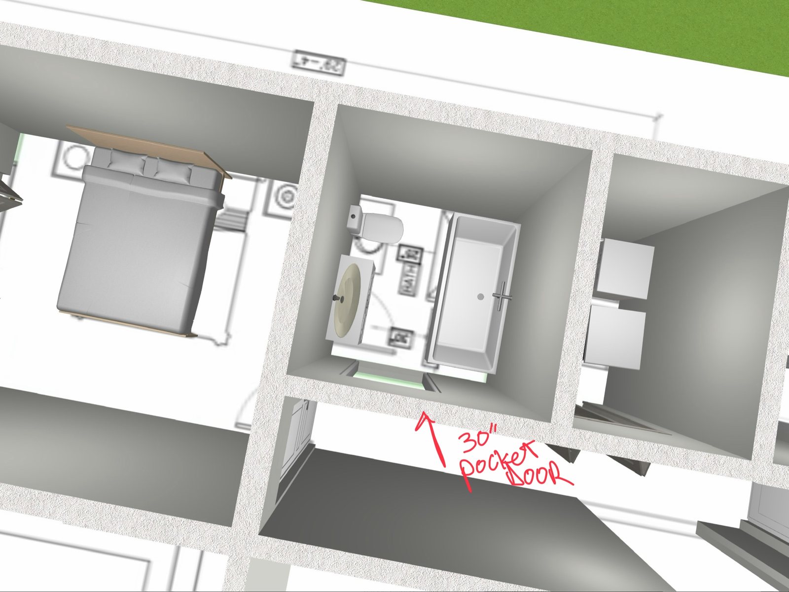 3D floor plan view of a bedroom and bathroom with a redline note for a 30-inch pocket door