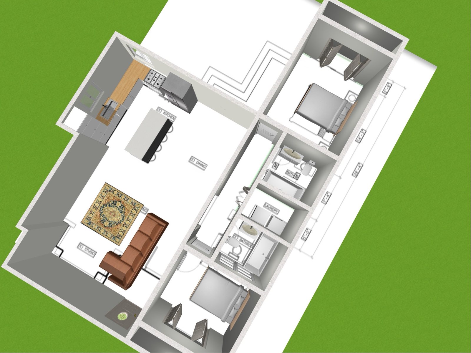 3D furnished floor plan with an open kitchen, living room, two bedrooms and two bathrooms
