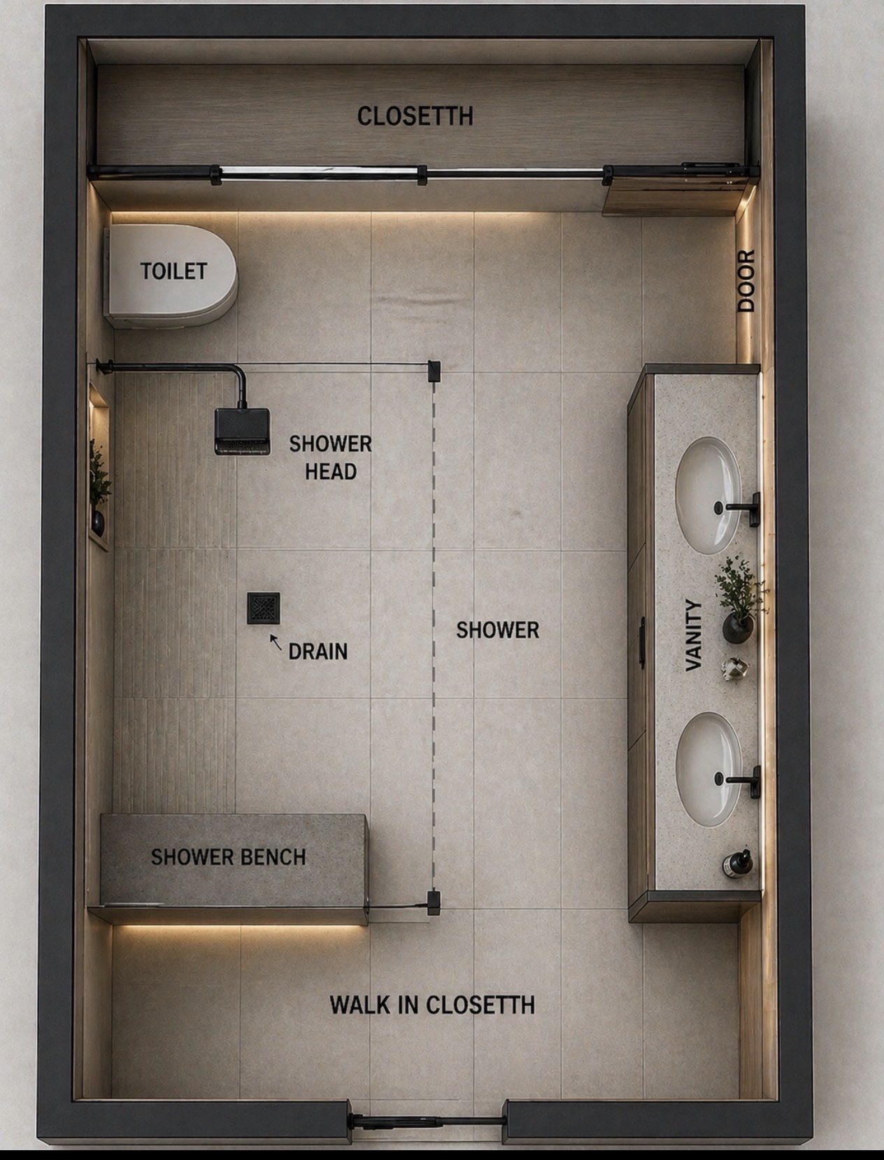 Overhead design of a primary bathroom with walk-in shower, bench, double vanity and walk-in closets