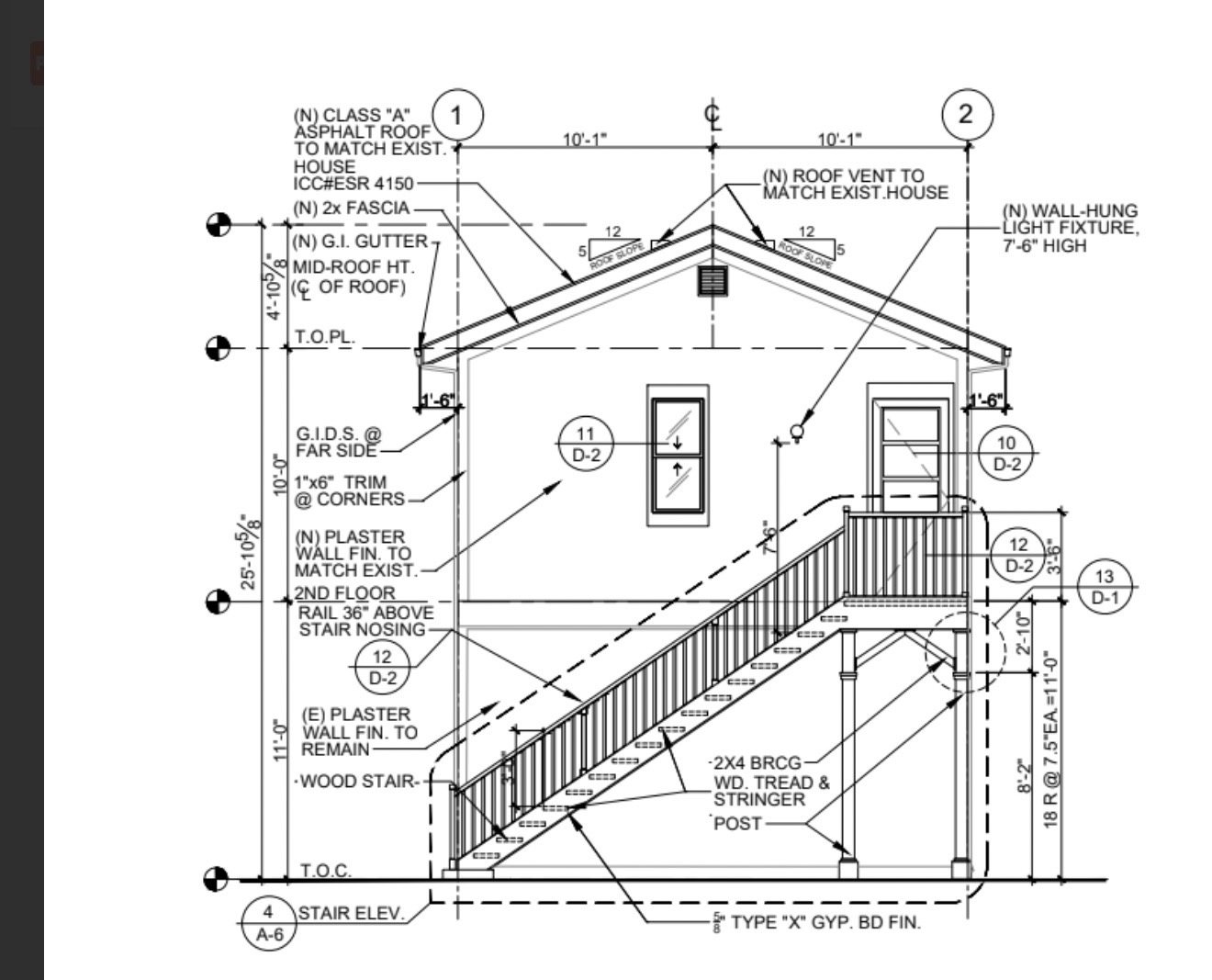 Construction elevation of an exterior wood stair with callouts for roofing, trim, plaster and stair framing
