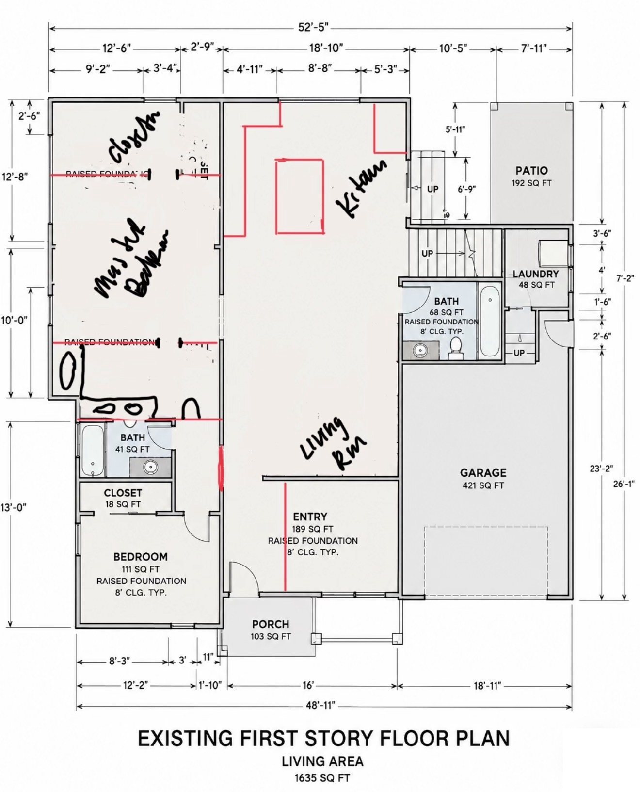 Existing floor plan with hand redlines for a new kitchen, primary bedroom and closet