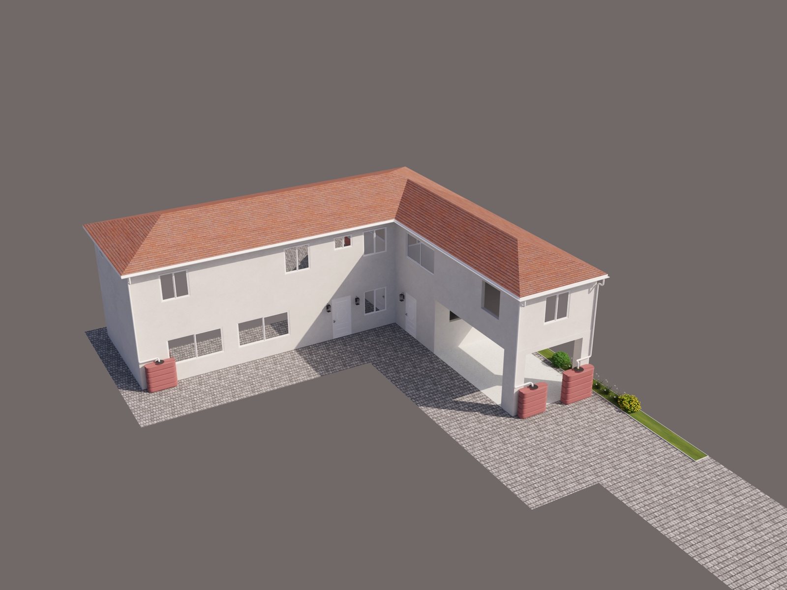 3D massing model of an L-shaped home with a red tile roof