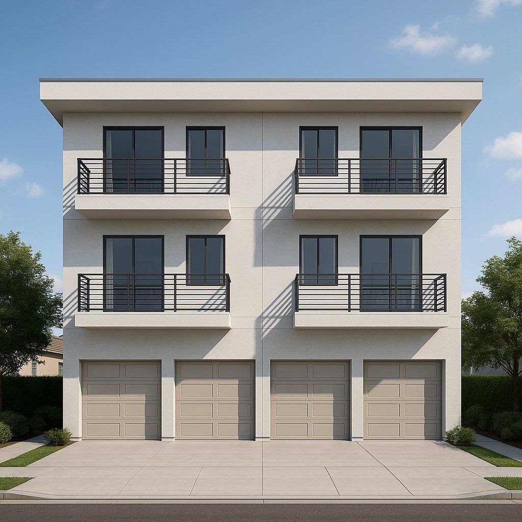 Rendering of a modern three-story building with balconies over four garages