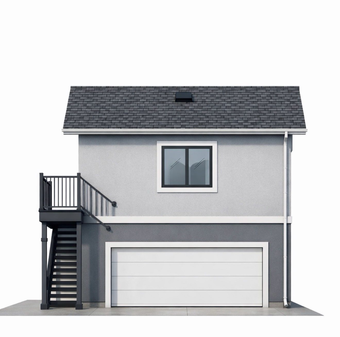 Rendering of a two-story ADU over a garage with an exterior stair