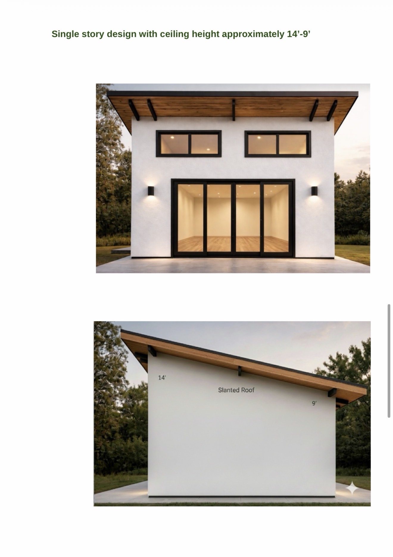 Single-story studio design with a 14-foot ceiling, front and side views