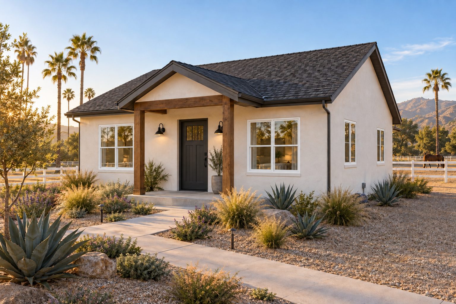 Single-story detached ADU with gable roof and desert landscaping