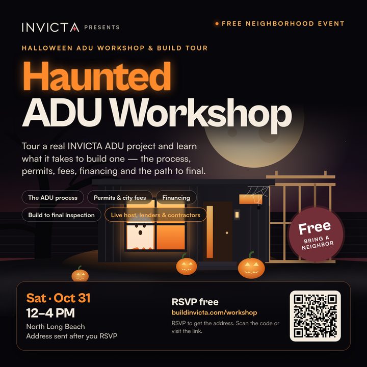 Haunted ADU Workshop flyer: Saturday Oct 31, 12 to 4 PM, North Long Beach