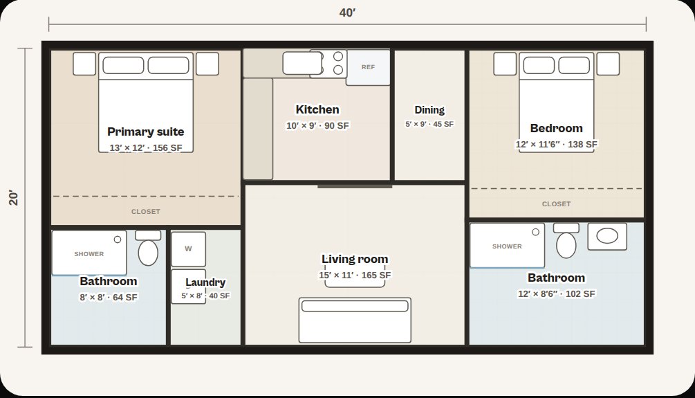 INVICTA ADU Studio floor plan of an 800 square foot two-bedroom, two-bath detached ADU