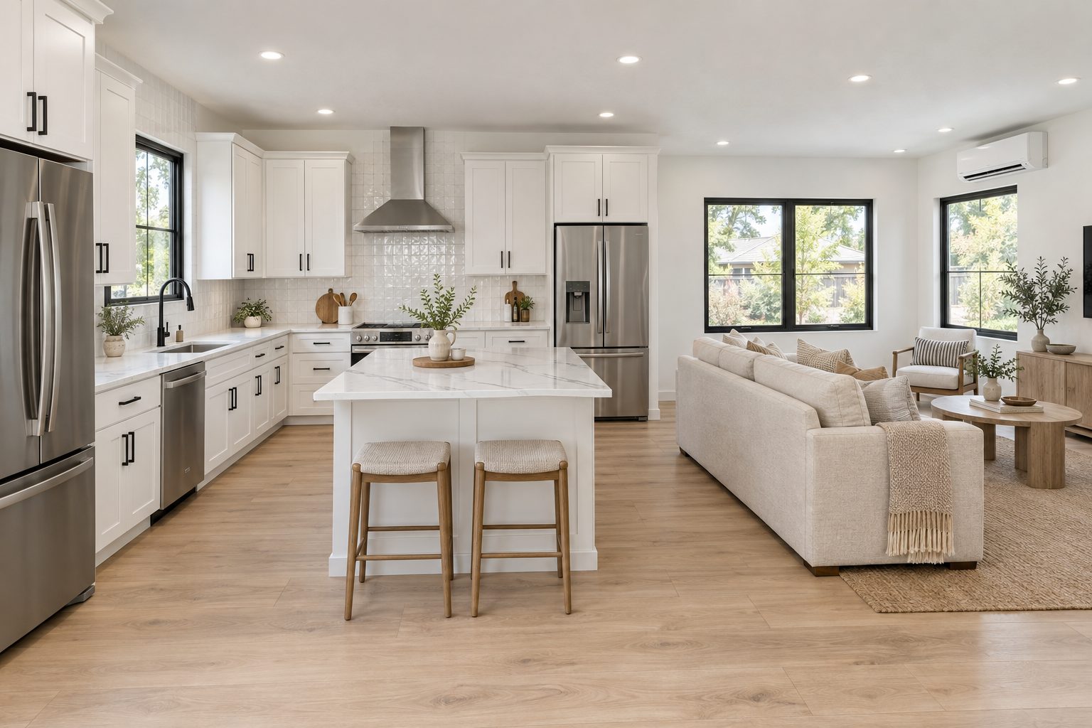 Bright open kitchen and living area inside a finished ADU