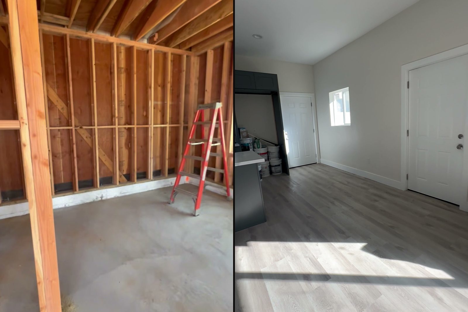 The garage during framing next to the finished living area