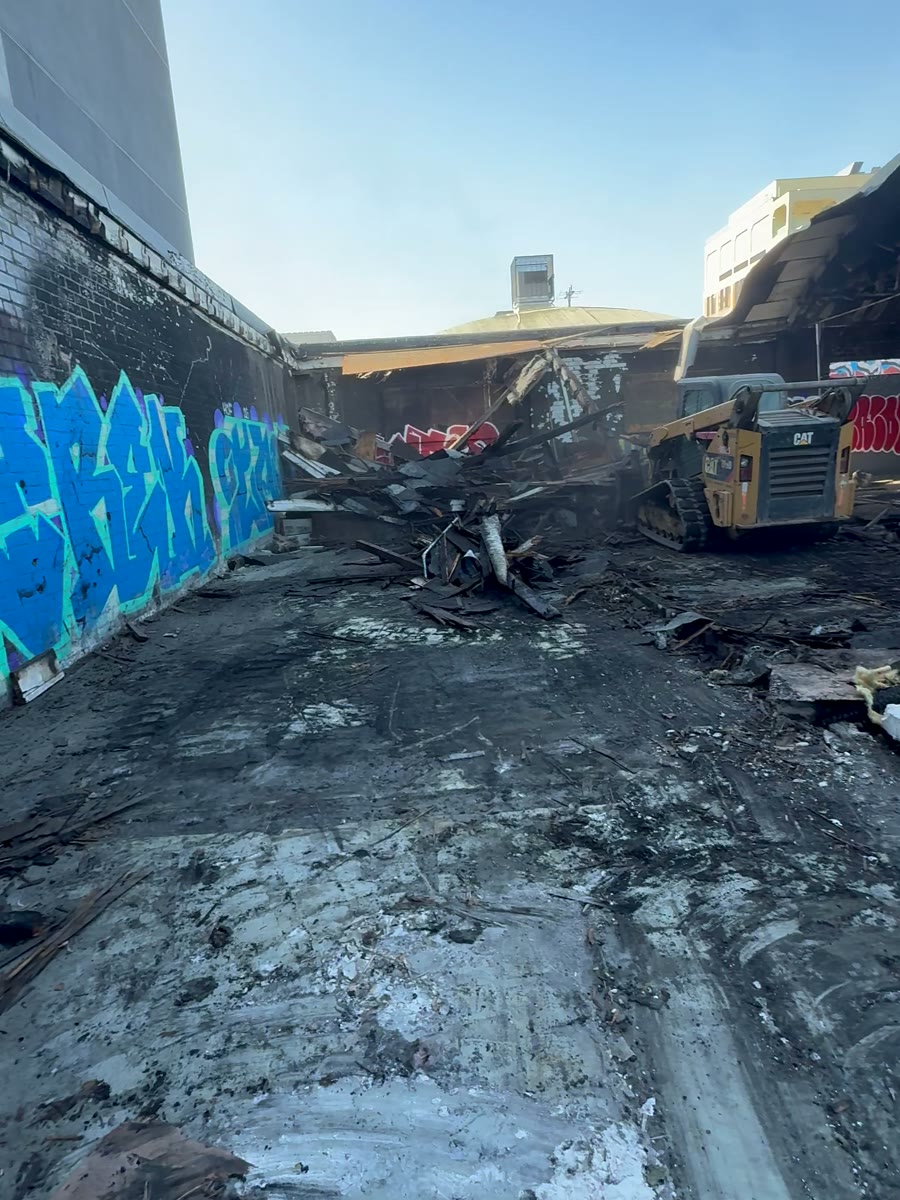 Fire damage & assessment during the Los Angeles warehouse fire rebuild