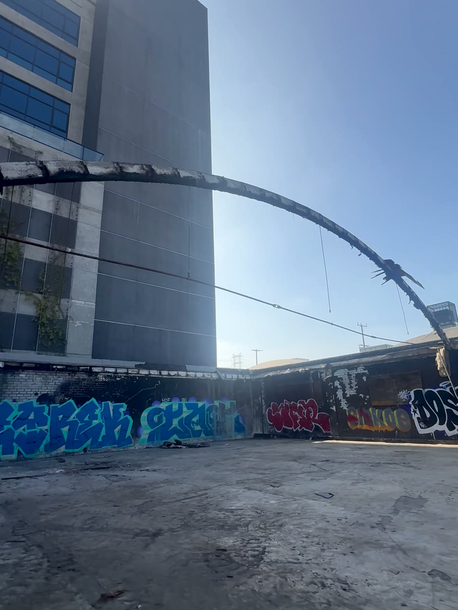 Cleared to the trusses during the Los Angeles warehouse fire rebuild
