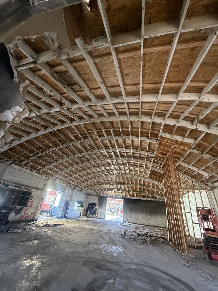 Re-framed bow-truss roof from below