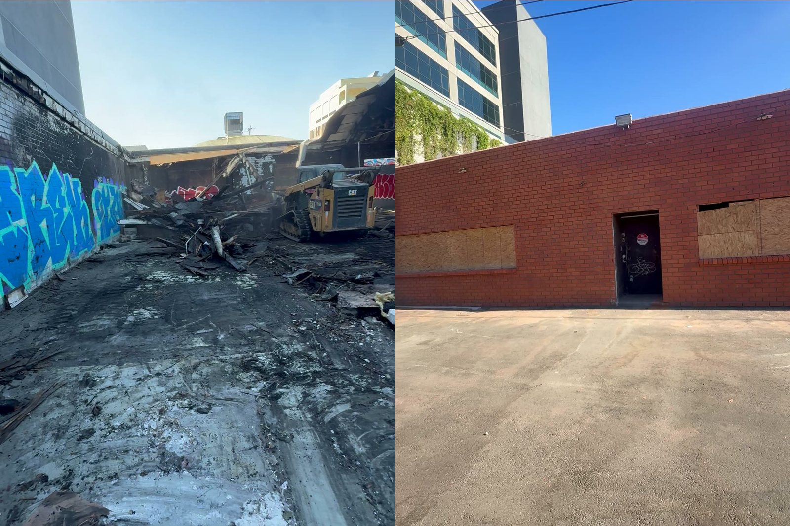 Left: fire debris in the yard after the fire. Right: the warehouse brick blasted clean with openings secured