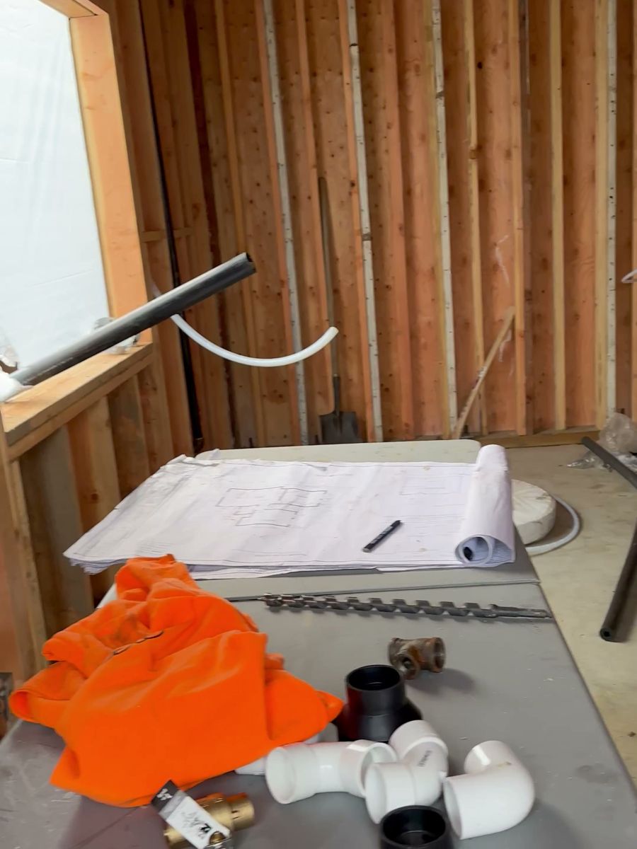 Windows in, plumbing fittings staged