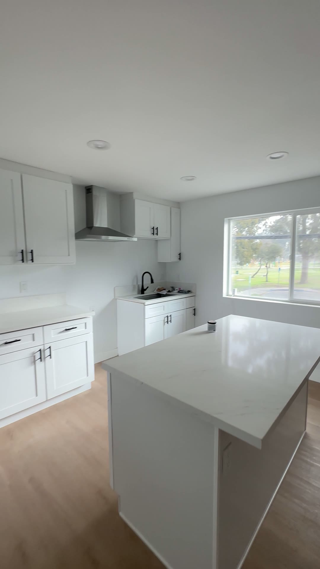 Quartz island and shaker cabinets