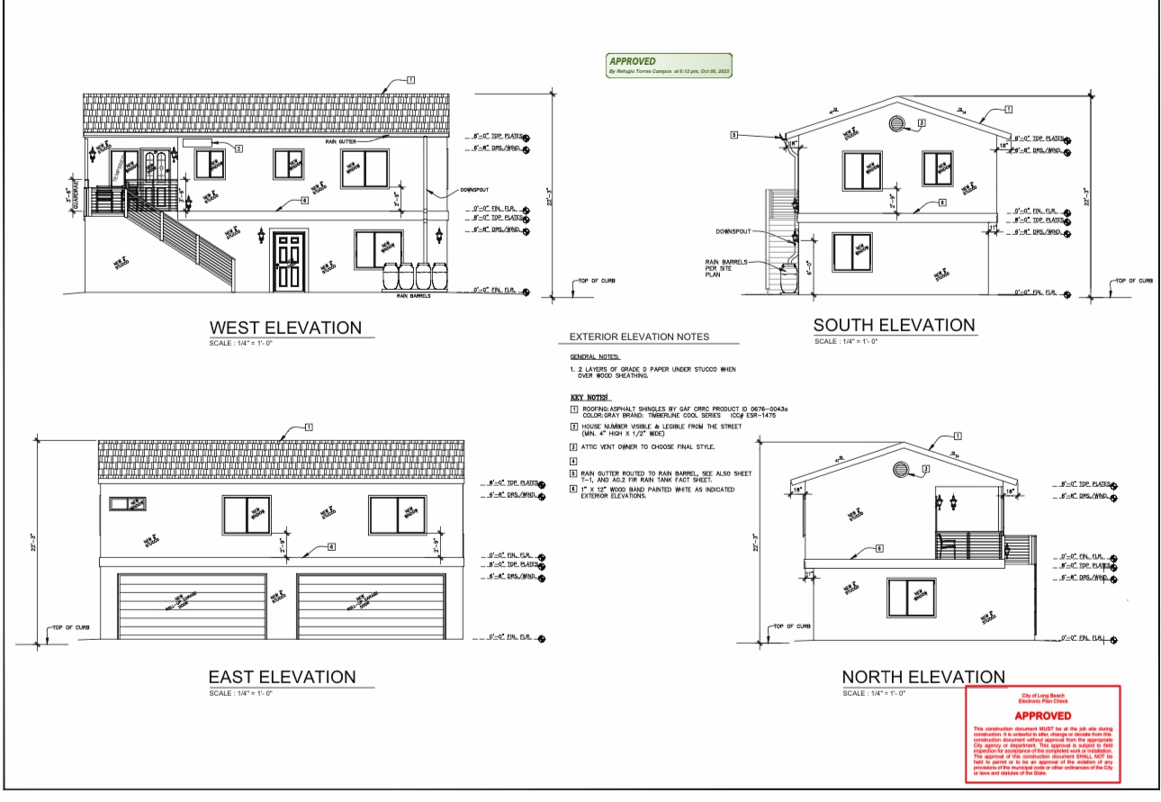 City of Long Beach approved exterior elevations for the two-story garage and ADU