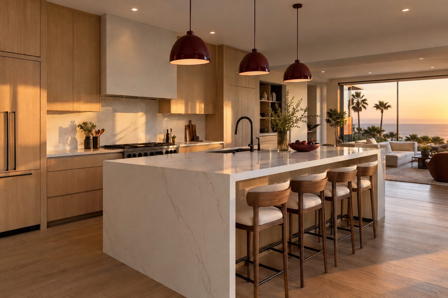 Remodeled kitchen with oak cabinets, quartz island and wine-red pendants